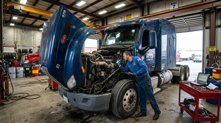 Mechanic inspecting engine of a blue RTS Logistics semi-truck in a garage